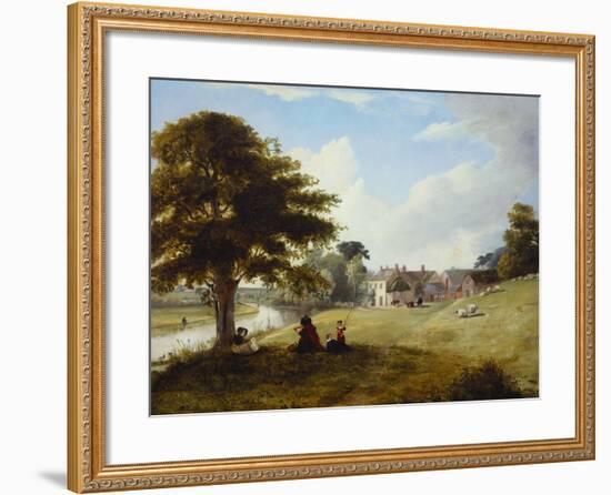 A River Landscape, with a Woman Sketching, a Girl and Her Dog by a Tree, and Other Children and…-Sarah Ferneley-Framed Giclee Print