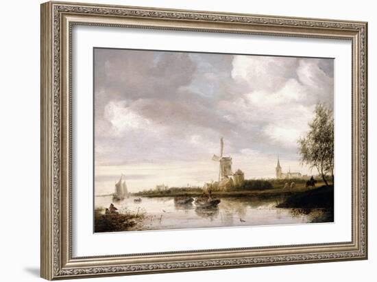 A River Landscape with Barges and Sailboats and a Church beyond-Salomon van Ruysdael-Framed Giclee Print