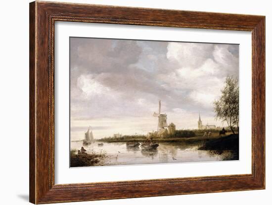 A River Landscape with Barges and Sailboats and a Church beyond-Salomon van Ruysdael-Framed Giclee Print