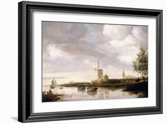 A River Landscape with Barges and Sailboats and a Church beyond-Salomon van Ruysdael-Framed Giclee Print