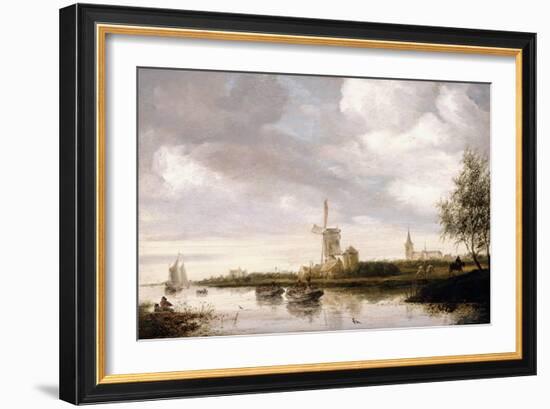 A River Landscape with Barges and Sailboats and a Church beyond-Salomon van Ruysdael-Framed Giclee Print