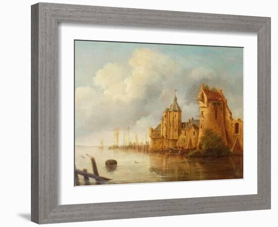 A River Landscape with Fishermen by a Castle-Claude de Jongh-Framed Giclee Print