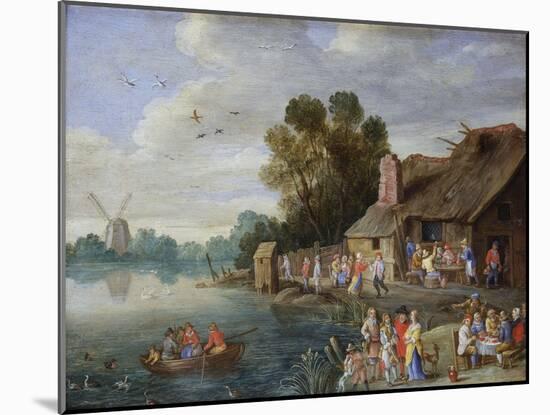 A River Landscape with Gentry at a Village Inn-Jan van Kessel the Elder-Mounted Giclee Print