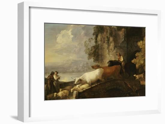 A River Landscape with Rustic Lovers, a Mounted Herdsman Driving Cattle and Sheep Over a Bridge-Thomas Gainsborough-Framed Giclee Print