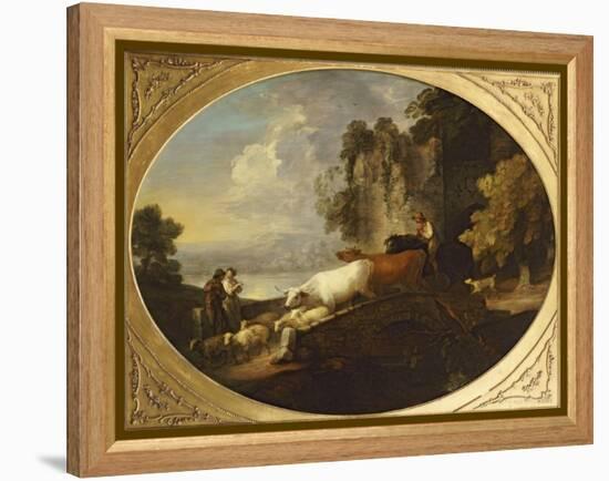 A River Landscape with Rustic Lovers, a Mounted Herdsman Driving Cattle and Sheep over a Bridge-Thomas Gainsborough-Framed Premier Image Canvas