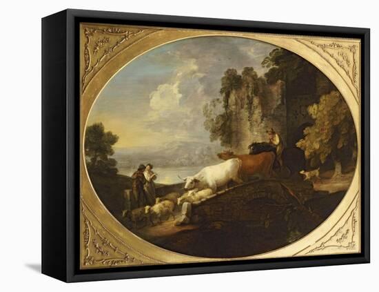 A River Landscape with Rustic Lovers, a Mounted Herdsman Driving Cattle and Sheep over a Bridge-Thomas Gainsborough-Framed Premier Image Canvas