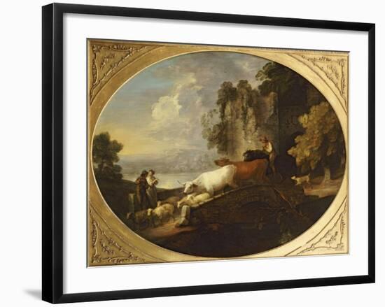 A River Landscape with Rustic Lovers, a Mounted Herdsman Driving Cattle and Sheep over a Bridge-Thomas Gainsborough-Framed Giclee Print