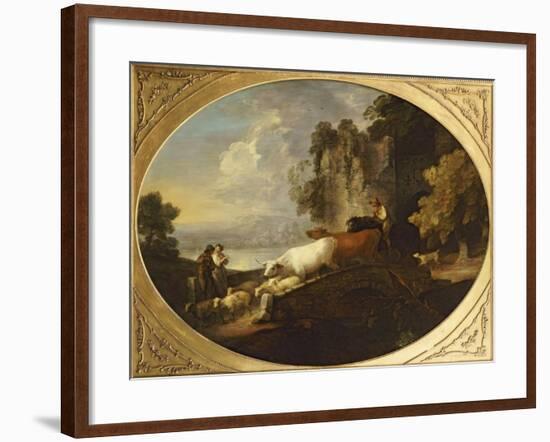 A River Landscape with Rustic Lovers, a Mounted Herdsman Driving Cattle and Sheep over a Bridge-Thomas Gainsborough-Framed Giclee Print