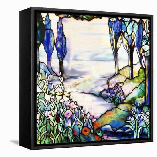 A River Meandering from a Distant Mountain Range at Dusk, with Cypress, Lilies, Poppies and Irises-Tiffany Studios-Framed Premier Image Canvas