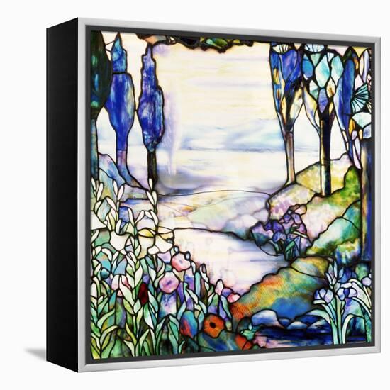 A River Meandering from a Distant Mountain Range at Dusk, with Cypress, Lilies, Poppies and Irises-Tiffany Studios-Framed Premier Image Canvas