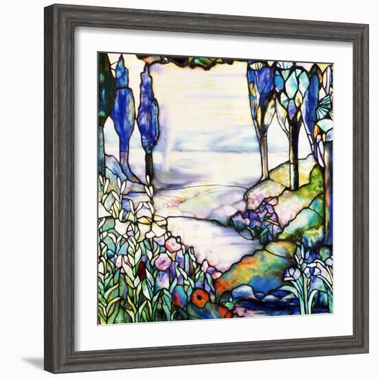 A River Meandering from a Distant Mountain Range at Dusk, with Cypress, Lilies, Poppies and Irises-Tiffany Studios-Framed Giclee Print