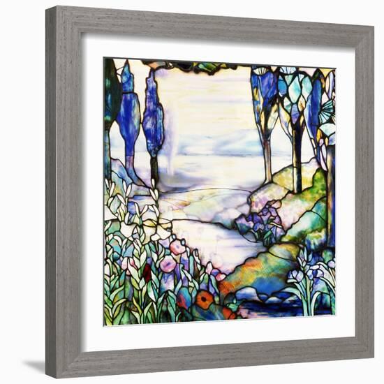 A River Meandering from a Distant Mountain Range at Dusk, with Cypress, Lilies, Poppies and Irises-Tiffany Studios-Framed Giclee Print