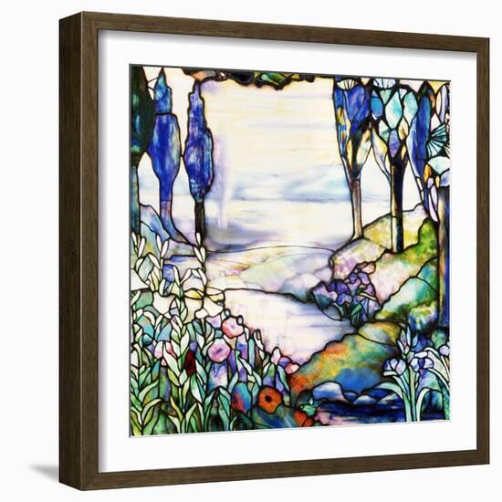 A River Meandering from a Distant Mountain Range at Dusk, with Cypress, Lilies, Poppies and Irises-Tiffany Studios-Framed Giclee Print