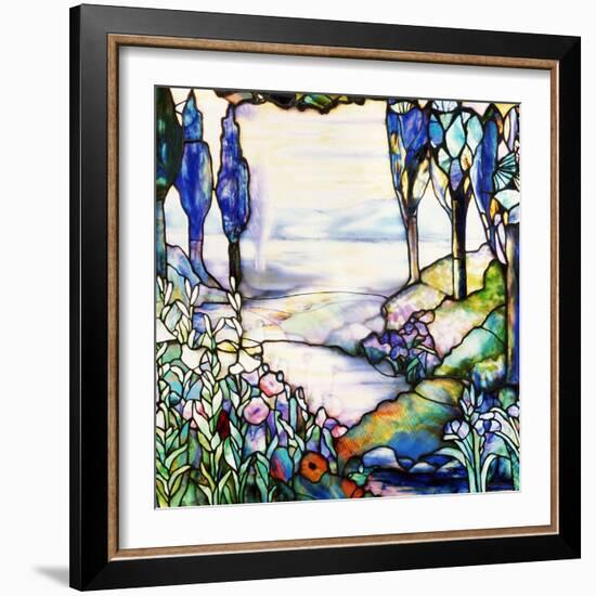 A River Meandering from a Distant Mountain Range at Dusk, with Cypress, Lilies, Poppies and Irises-Tiffany Studios-Framed Giclee Print