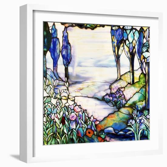 A River Meandering from a Distant Mountain Range at Dusk, with Cypress, Lilies, Poppies and Irises-Tiffany Studios-Framed Giclee Print