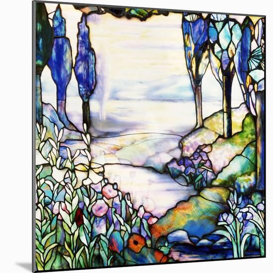 A River Meandering from a Distant Mountain Range at Dusk, with Cypress, Lilies, Poppies and Irises-Tiffany Studios-Mounted Giclee Print