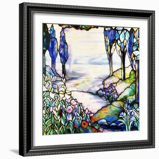 A River Meandering from a Distant Mountain Range at Dusk, with Cypress, Lilies, Poppies and Irises-Tiffany Studios-Framed Giclee Print