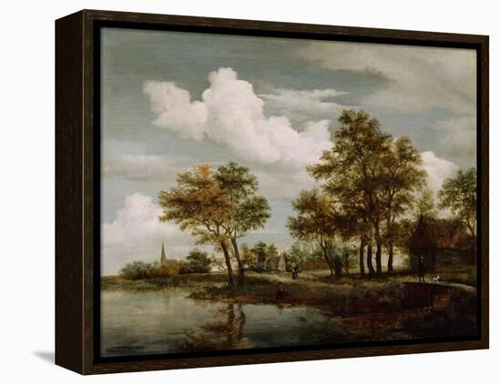 A River Scene, 1658 (Oil on Oak Panel)-Meindert Hobbema-Framed Premier Image Canvas