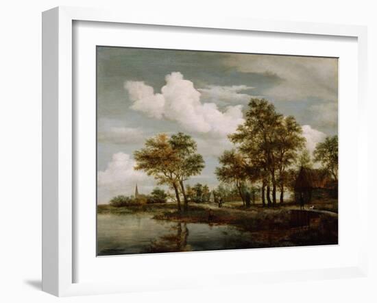 A River Scene, 1658 (Oil on Oak Panel)-Meindert Hobbema-Framed Giclee Print