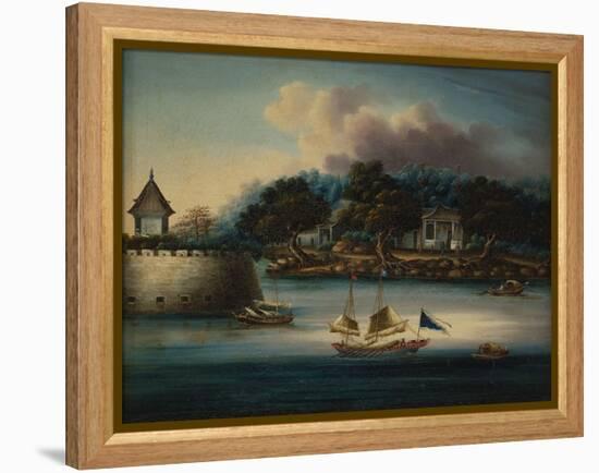 A River Scene with a Folly Fort; and Junks Moored around an Island Temple-Chinese School-Framed Premier Image Canvas