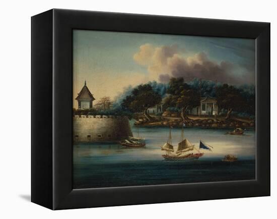 A River Scene with a Folly Fort; and Junks Moored around an Island Temple-Chinese School-Framed Premier Image Canvas