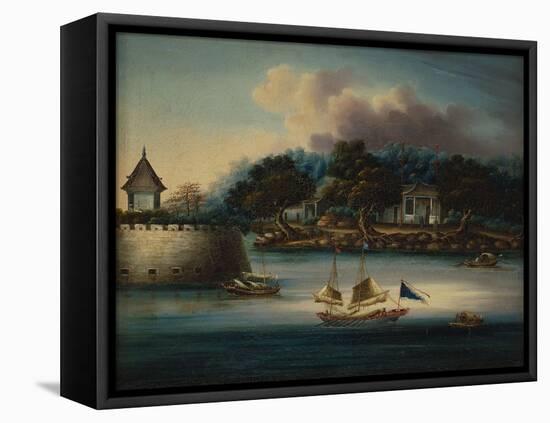 A River Scene with a Folly Fort; and Junks Moored around an Island Temple-Chinese School-Framed Premier Image Canvas