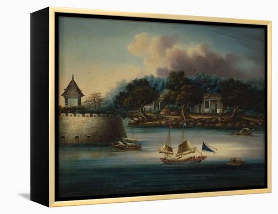 A River Scene with a Folly Fort; and Junks Moored around an Island Temple-Chinese School-Framed Premier Image Canvas