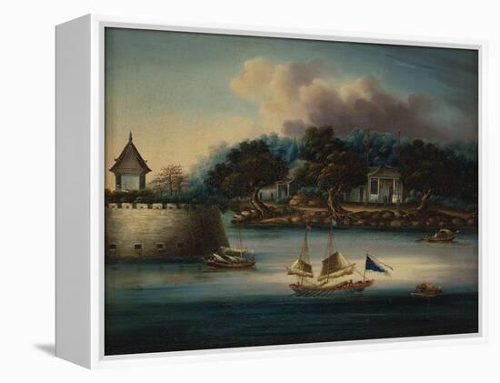 A River Scene with a Folly Fort; and Junks Moored around an Island Temple-Chinese School-Framed Premier Image Canvas