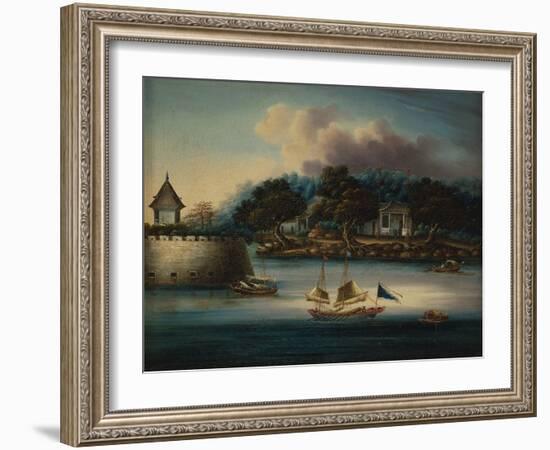 A River Scene with a Folly Fort; and Junks Moored around an Island Temple-Chinese School-Framed Giclee Print