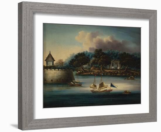 A River Scene with a Folly Fort; and Junks Moored around an Island Temple-Chinese School-Framed Giclee Print