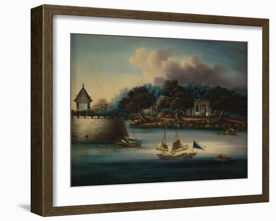 A River Scene with a Folly Fort; and Junks Moored around an Island Temple-Chinese School-Framed Giclee Print