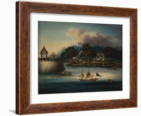 A River Scene with a Folly Fort; and Junks Moored around an Island Temple-Chinese School-Framed Giclee Print