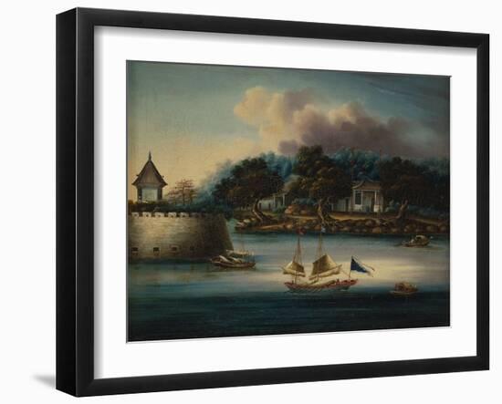 A River Scene with a Folly Fort; and Junks Moored around an Island Temple-Chinese School-Framed Giclee Print