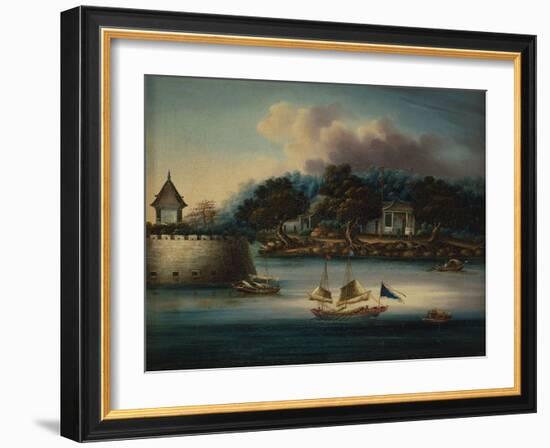 A River Scene with a Folly Fort; and Junks Moored around an Island Temple-Chinese School-Framed Giclee Print