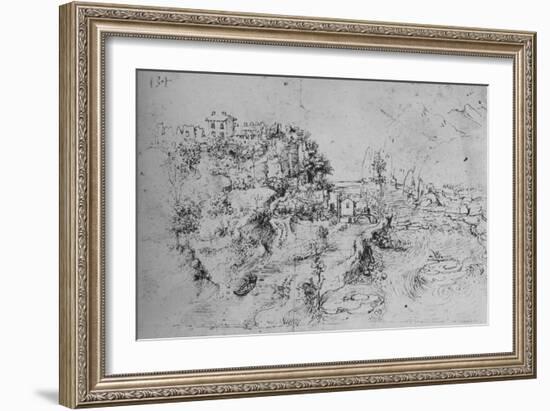 'A River with a Canal Alongside and a Castle on a Hill', c1480 (1945)-Leonardo Da Vinci-Framed Giclee Print