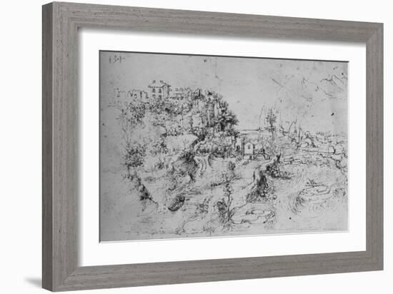 'A River with a Canal Alongside and a Castle on a Hill', c1480 (1945)-Leonardo Da Vinci-Framed Giclee Print