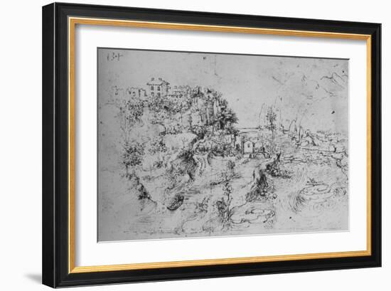 'A River with a Canal Alongside and a Castle on a Hill', c1480 (1945)-Leonardo Da Vinci-Framed Giclee Print