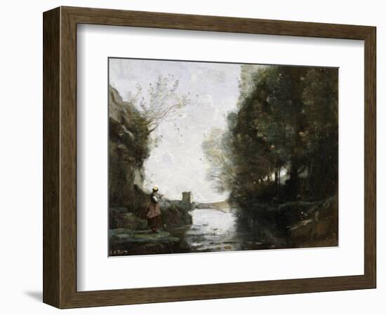 A River with a Square Tower and a Farmer in the Foreground, C.1865-70-Jean-Baptiste-Camille Corot-Framed Giclee Print