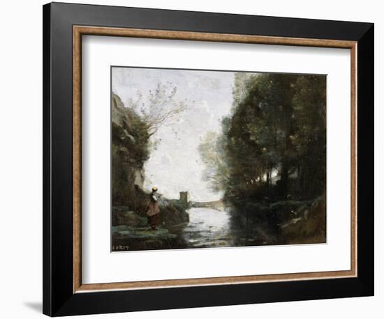 A River with a Square Tower and a Farmer in the Foreground, C.1865-70-Jean-Baptiste-Camille Corot-Framed Giclee Print