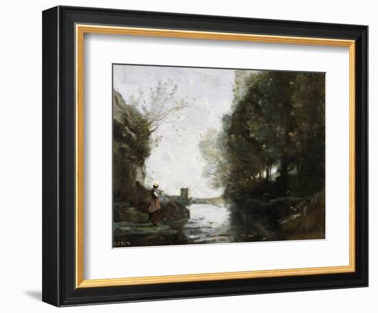 A River with a Square Tower and a Farmer in the Foreground, C.1865-70-Jean-Baptiste-Camille Corot-Framed Giclee Print