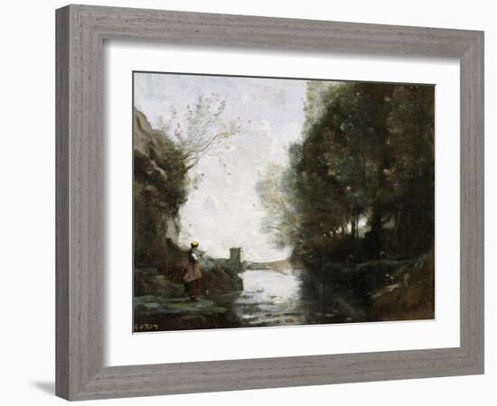 A River with a Square Tower and a Farmer in the Foreground, C.1865-70-Jean-Baptiste-Camille Corot-Framed Giclee Print