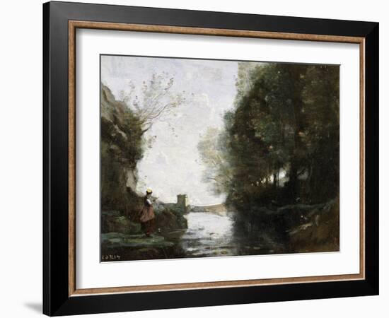 A River with a Square Tower and a Farmer in the Foreground, C.1865-70-Jean-Baptiste-Camille Corot-Framed Giclee Print