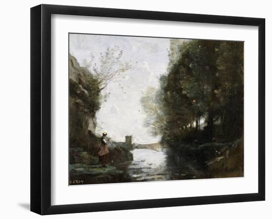 A River with a Square Tower and a Farmer in the Foreground, C.1865-70-Jean-Baptiste-Camille Corot-Framed Giclee Print