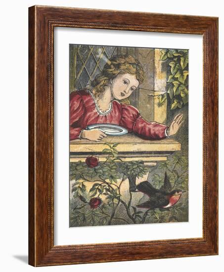 A Robin Flying Away From a Girl at a Window-null-Framed Giclee Print