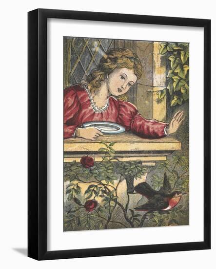 A Robin Flying Away From a Girl at a Window-null-Framed Giclee Print