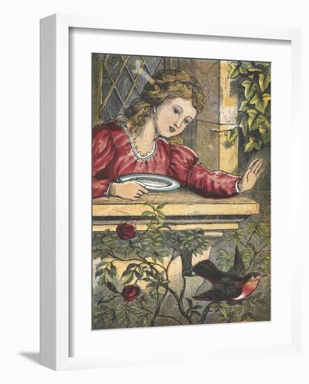 A Robin Flying Away From a Girl at a Window-null-Framed Giclee Print