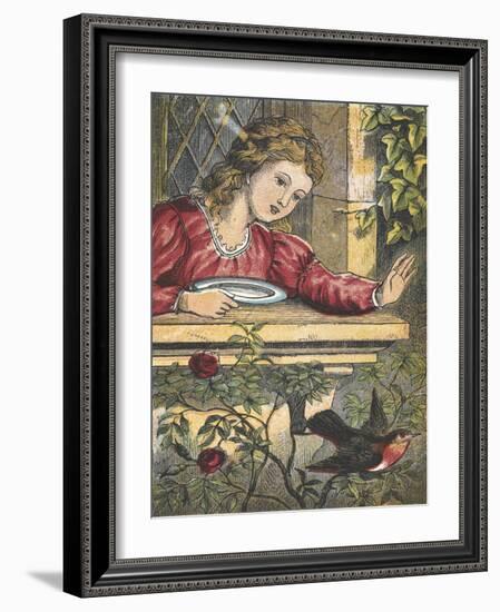 A Robin Flying Away From a Girl at a Window-null-Framed Giclee Print