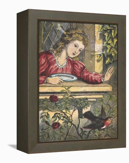 A Robin Flying Away From a Girl at a Window-null-Framed Premier Image Canvas