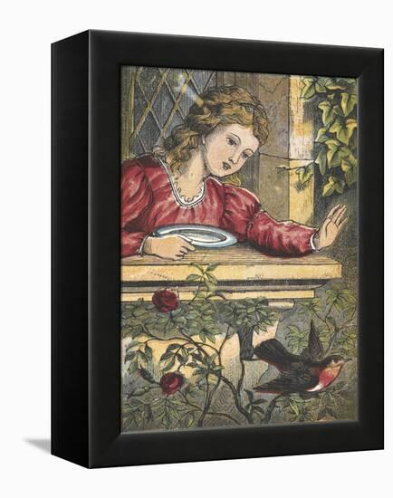 A Robin Flying Away From a Girl at a Window-null-Framed Premier Image Canvas