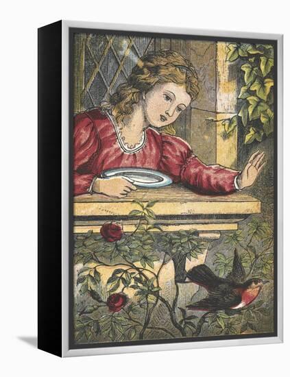 A Robin Flying Away From a Girl at a Window-null-Framed Premier Image Canvas